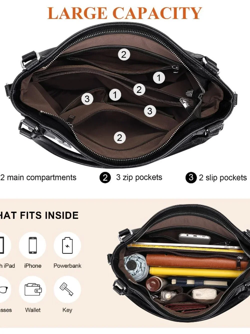 Genuine Leather Hobo Bag Large Shoulder Bag Detachable Strap